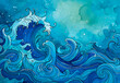 Watercolor drawn ocean waves. Sketch of sea water tidal blue waves, surfing foam splash texture , vintage wavy storm water doodle , abstract beach travel curvy graphic resource by Vita