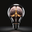 © vian - idea, thinking, imagination illustration, light bulb with brain, brain inside the light bulb, in plain dark black background