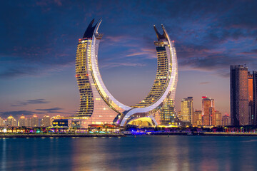 Lusail, Qatar - December 26, 2023: Lusail Marina Park. Lusail Skyline view after sunset