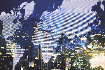 Wall Mural - multi exposure of abstract graphic world map on san francisco cityscape background, big data and net