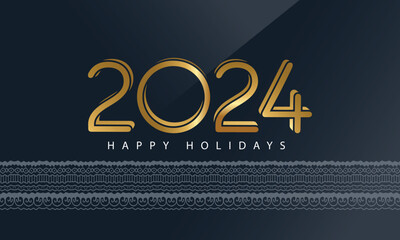 New Year 2024 gold number typography greeting card design on dark background with luxury seamless background. Vector holiday composition of numbers.