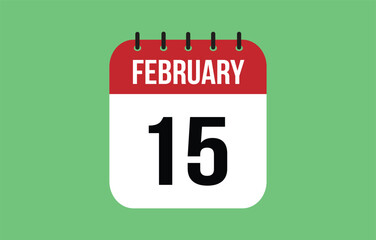 15 February calendar icon. Green calendar vector for February weekdays. Calendar page design on isolated background