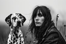 Woman With A Dalmatian Dog - Black And White Portrait