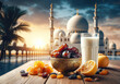 Ramadhan fasting, ajwa dates, olives, raisins in a golden container on a wooden table, milk in a glass, mosque background with dome