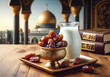 Ramadhan fasting, ajwa dates in a golden container on a wooden table, milk in a glass, mosque background with dome