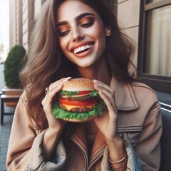 Wall Mural - woman eating hamburger 