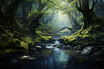 Sticker - Beautiful fantasy forest with a waterfall in the middle of the river, AI Generated