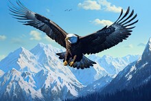 Bald Eagle Flying In The Mountains. 3d Render Illustration, AI Generated