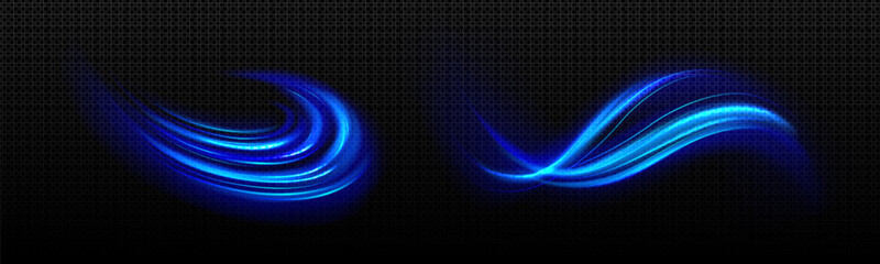 Wall Mural - blue light waved neon elements with swoosh effect. realistic vector illustration set of magic glowin