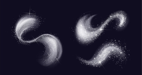 Wall Mural - shimmering white swirls set isolated on black background. vector realistic illustration of frosty wi