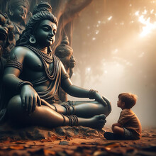 A Little Boy Sitting On The Ground Next To A Statue Of God, Ai Generative