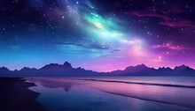 A Magical Night On The Beach Overlooking Space In Neon Color ,spring Concept
