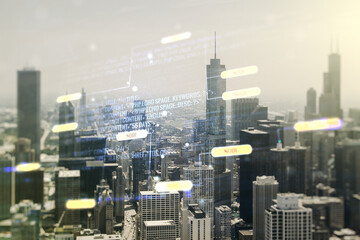 Wall Mural - abstract virtual coding illustration on chicago cityscape background, software development concept. 