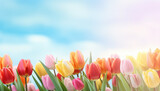 Fototapeta Tulipany - Dutch tulips on the background of the sky, easter concept