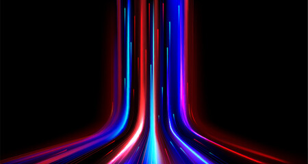 Wall Mural - Neon glowing fiber with high speed motion effect. Blue and red line streaks of data network or energy flow. Realistic vector illustration of modern technology particle with fast luminous movement.