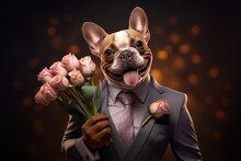 A Stylish  Dog In A Business Suit Holds A Bouquet Of Roses Valentine's Day, Birthday Card With A Pet. 