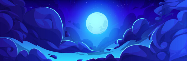 Wall Mural - Full moon glowing in night sky. Vector cartoon illustration of anime style midnight cloudscape with stars shimmering in darkness, bright moonlight in space, mysterious nighttime, skyline background