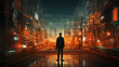 A man stands in an alley with a city in the background. generative ai