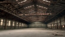 Abandoned Rusty Factory With Copy Space. Industrial Indoor Horizontal Background.