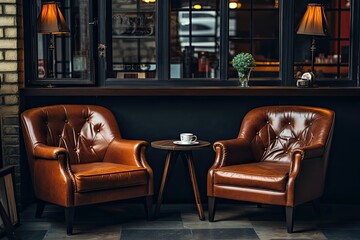 Vintage cafe setting with two brown leather chairs and a small table