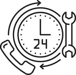 Poster - Technical support. CDN. Content delivery network icon, Internet portal user or customer support service, network administration system, CDN outline vector symbol with 24h clock, phone and wrench