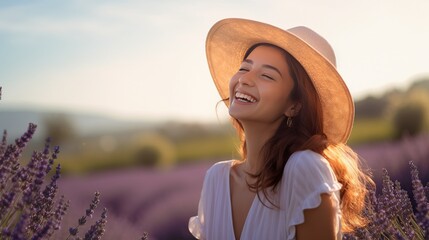 Wall Mural - A young woman with a radiant smile set against a serene lavender background, creating a harmonious and uplifting scene