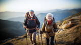 Fototapeta  - A photo of an elderly couple on a hike up the mountain.
