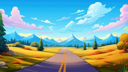 Wall Mural - Country road trip landscape illustration in cartoon style. Scenery abstract background for game