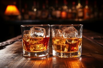 two glasses of alcohol with ice on a table