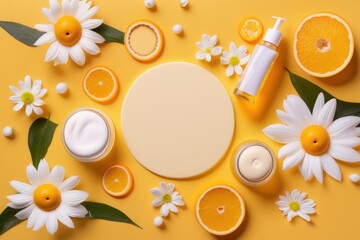 Summer fruit facial concept. Top view flat lay of skincare products with juicy slices of orange white flowers on bright yellow background with empty circle for text, Generative AI