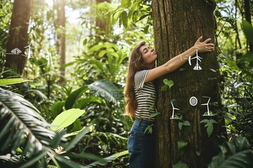 a woman hugging a tree in the woods