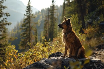 Wall Mural - Dog sitting on a forest path with sun filtering through trees, mountains in the background.