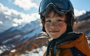 boy skier with Ski goggles and Ski helmet on the snow mountain