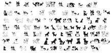 Isolated Black Silhouette Of A Cute Dog, Collection Set, Vector