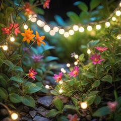 flower plant in the night garden. new year light decoration. shallow focus. beauty closeup backgroun