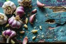 Garlic Cloves And Garlic Cloves On A Blue Table