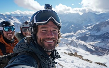 Sticker - skier man with friends with Ski goggles and Ski helmet on the snow mountain