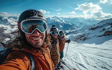 Sticker - skier man with friends with Ski goggles and Ski helmet on the snow mountain