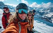 © hakule - skier man with friends with Ski goggles and Ski helmet on the snow mountain