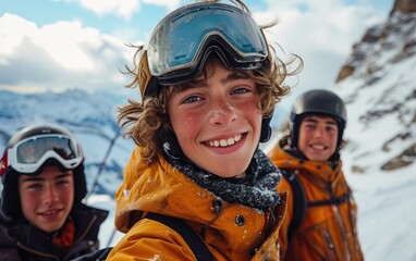 Wall Mural - skier man with friends with Ski goggles and Ski helmet on the snow mountain