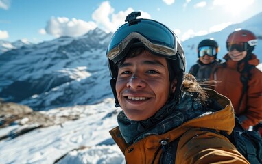 Wall Mural - skier man with friends with Ski goggles and Ski helmet on the snow mountain