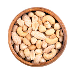 Wall Mural - Mixed nuts, roasted and salted nut mix, in a wooden bowl. Snack food, consisting of peanuts, hazelnuts, cashews, and blanched almonds. Close-up, from above, isolated over white, macro food photo.