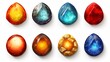 Set of fantasy colored  gems for games. Diamonds with different cuts, fantasy mystic style. Isolated jewels, diamonds gem set. 