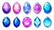 Set of fantasy colored  gems for games. Diamonds with different cuts, fantasy mystic style. Isolated jewels, diamonds gem set. 