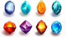 Set Of Fantasy Colored  Gems For Games. Diamonds With Different Cuts, Fantasy Mystic Style. Isolated Jewels, Diamonds Gem Set. 