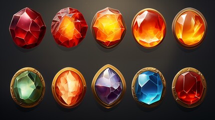 Wall Mural - Set of fantasy colored  gems for games. Diamonds with different cuts, fantasy mystic style. Isolated jewels, diamonds gem set. 