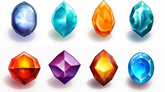 Set of fantasy colored  gems for games. Diamonds with different cuts, fantasy mystic style. Isolated jewels, diamonds gem set. 