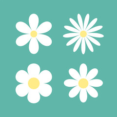 Wall Mural - Four white daisy chamomile set line. Camomile round icon. Cute cartoon flower head plant collection. Love card symbol. Nature style. Growing concept. Flat design. Isolated. Green background.