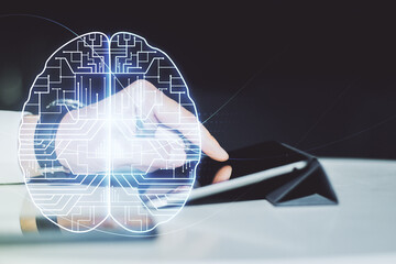 Wall Mural - double exposure of creative artificial intelligence symbol with finger clicks on a digital tablet on