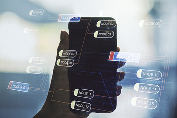 Wall Mural - abstract creative coding illustration and hand with mobile phone on background, software development
